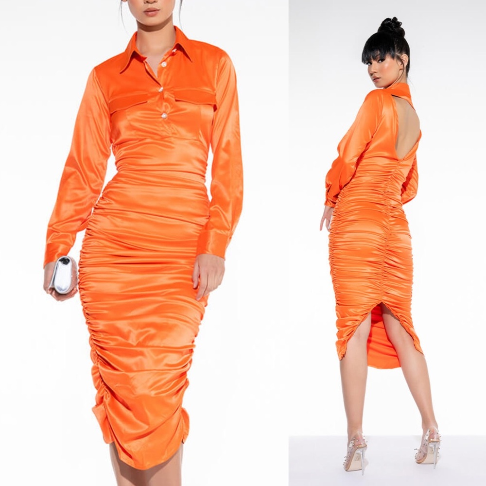 AKIRA Orange Satin Ruched Midi Dress